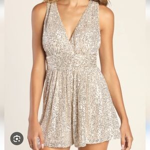Lulu's Champagn Watch Me Shine Sequin Romper Sleeveless V-Neck Cocktail